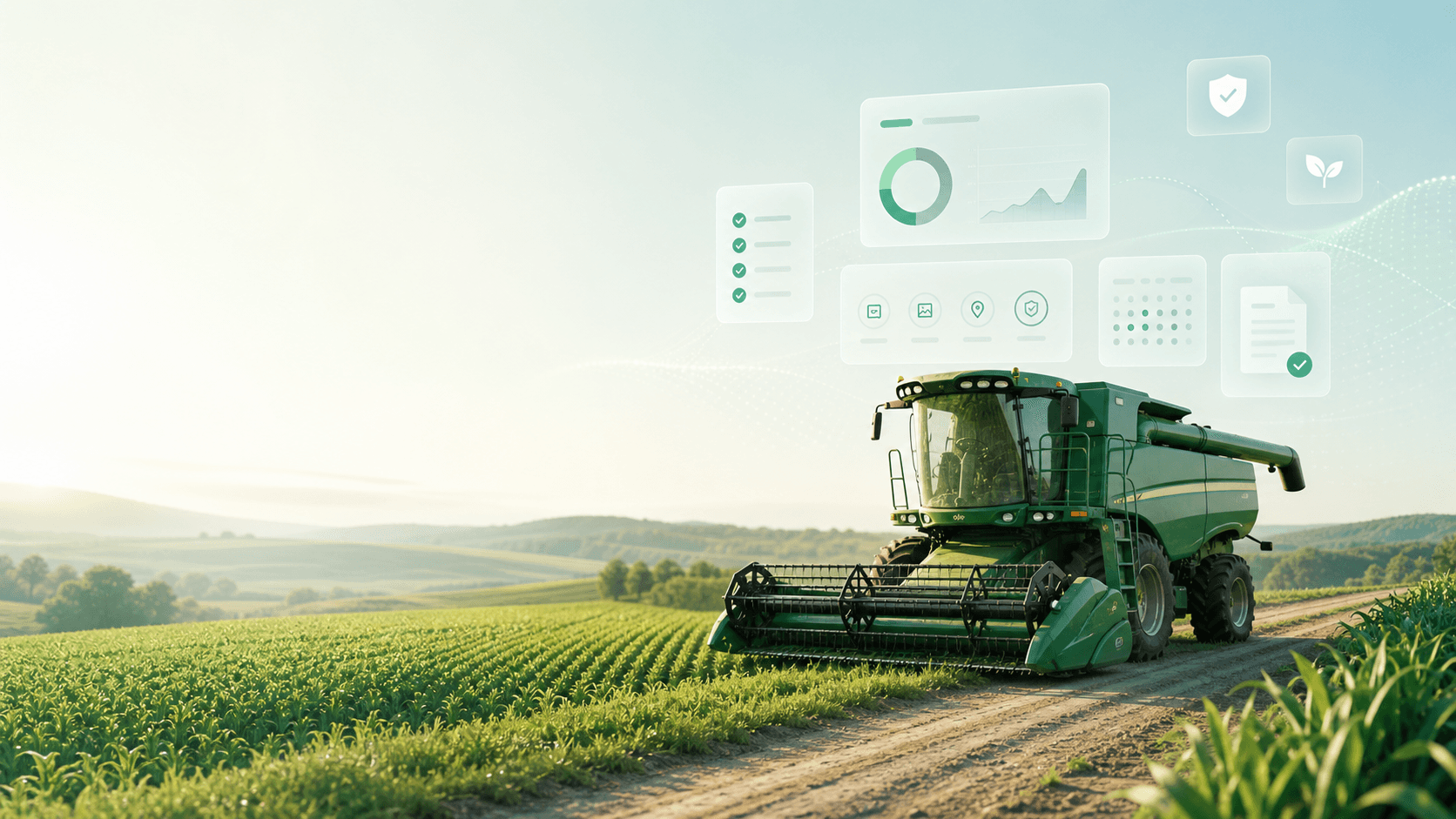 Máquina agrícola em operação rural com indicadores digitais de vistoria