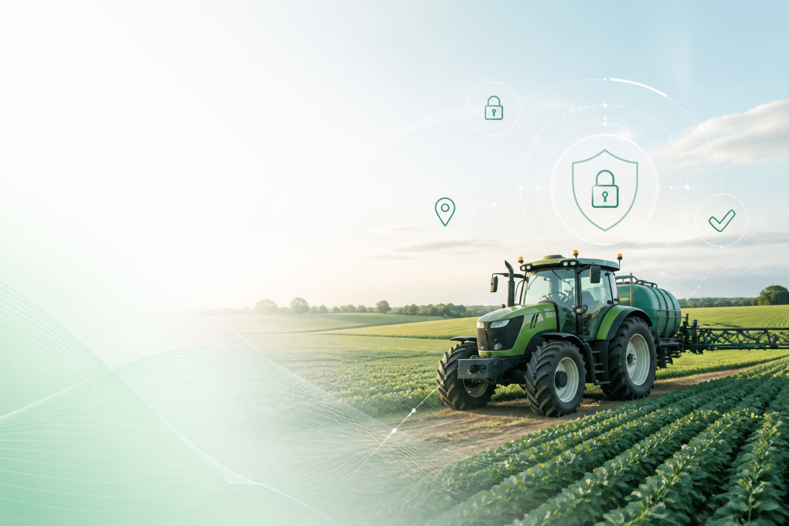 Máquina agrícola em campo com indicação visual de acesso seguro