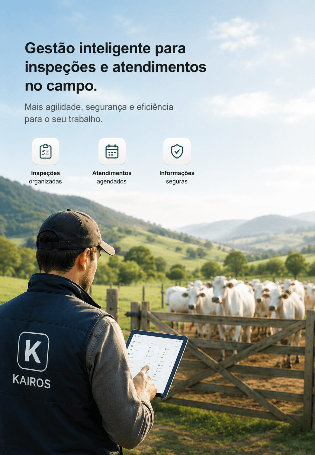 Gestao inteligente para inspecoes e atendimentos no campo com operador Agrovist usando tablet em uma propriedade rural.